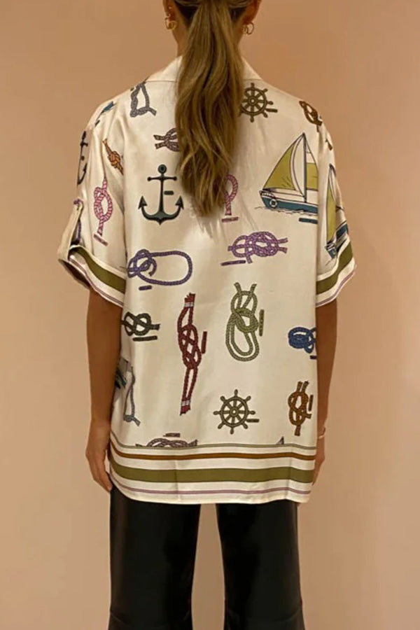 Sail Away Satin Unique Nautical Motifs Print Button Down Pocket Oversized Blouse