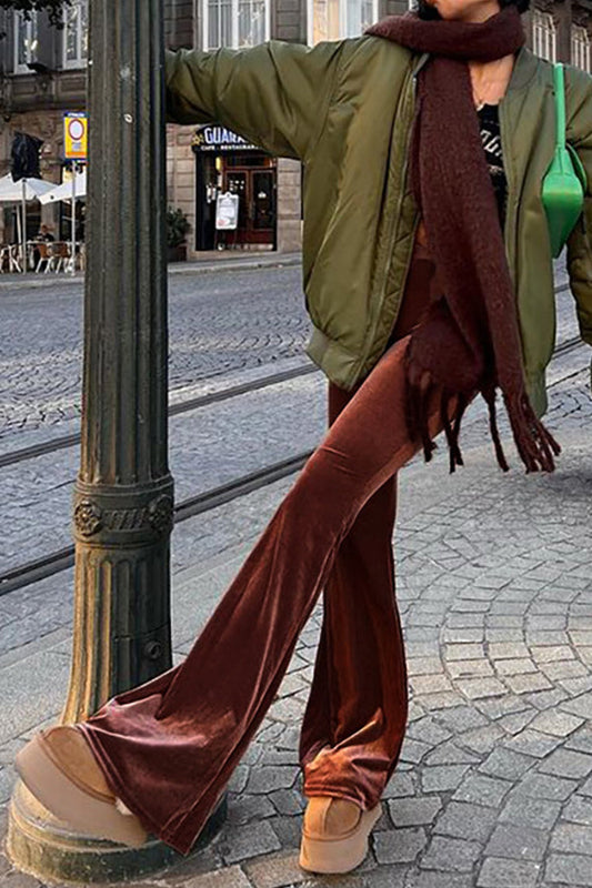 Color Velvet Elastic High Waist Slim Bootcut Pants for Pants