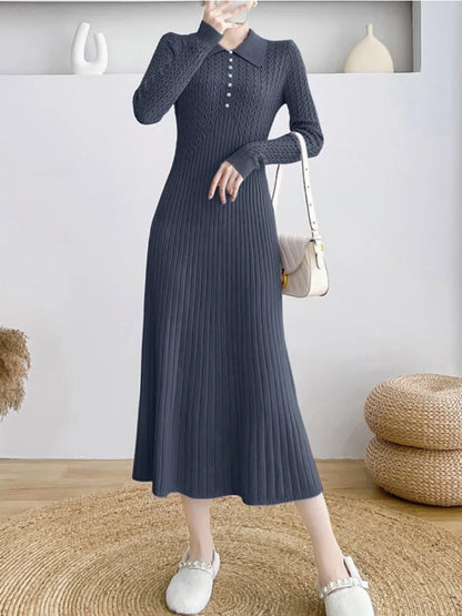 Ribbed Autumn Knit Long Dress for High Waist Long Sleeve Dress Lapel Loose Knitwear Maxi Dress