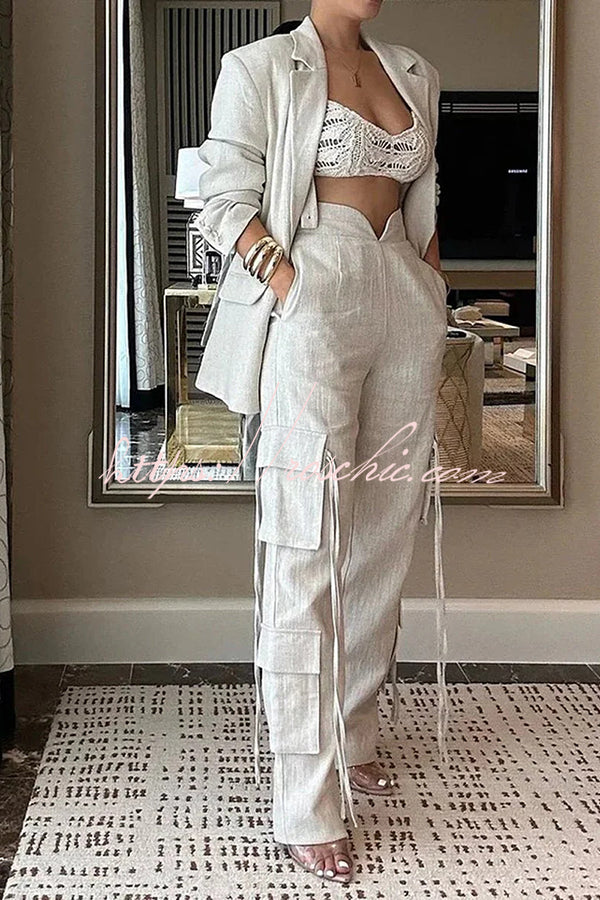 Stylish Lapel Long Sleeve Loose Jacket and Pocket Lace-up Straight Leg Pants Set