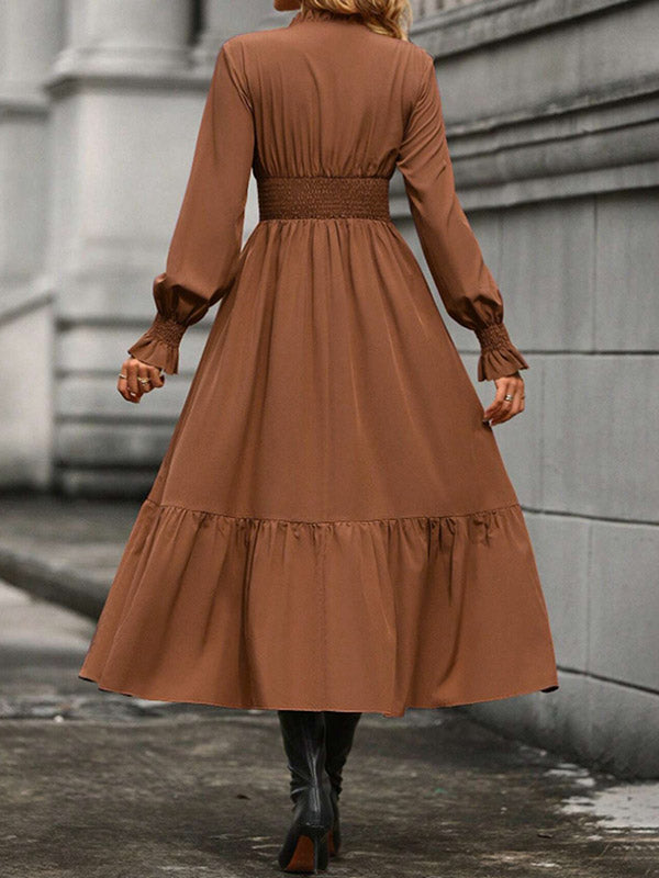 A-line Flared Sleeves Elasticity Pleated Color V-neck Midi Dresses