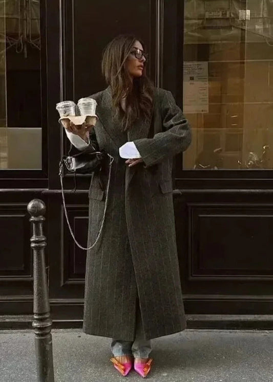 Pinstripe Long Woolen Coat - and Minimalist