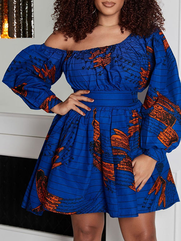 High Waisted Loose Elasticity Printed Tied Waist One-shoulder Mini Dresses