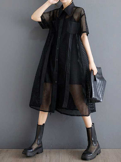 Half Sleeves Loose Hollow Color Split-joint Zipper Lapel Midi Dresses Shirt Dress