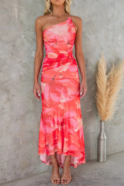 Deja Mesh Overlay Print One Shoulder Ruched Stretch Maxi Dress