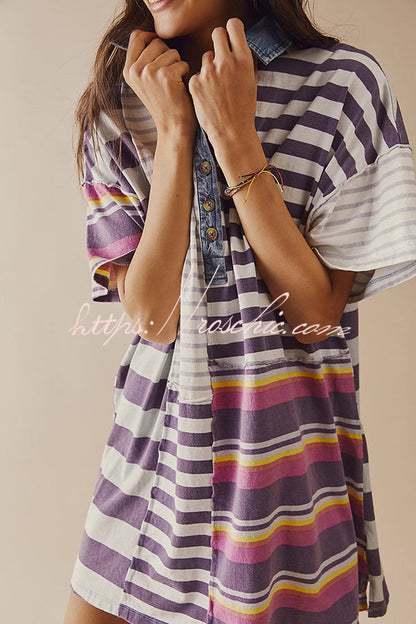Contrast Striped Patchwork Denim Lapel Loose Mini Dress