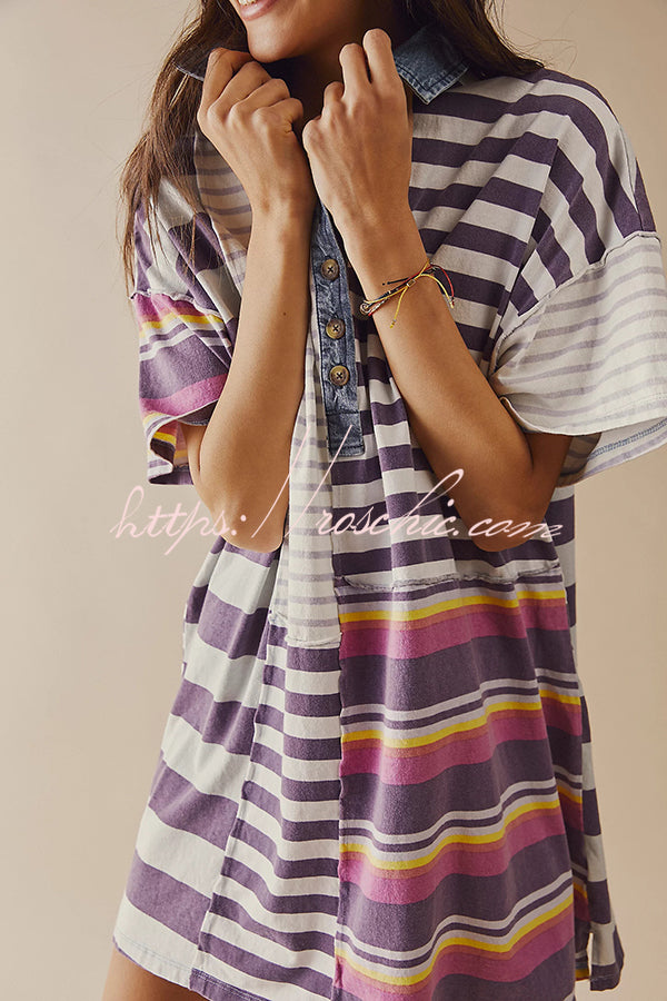 Contrast Striped Patchwork Denim Lapel Loose Mini Dress