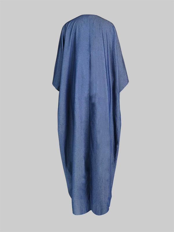 Batwing Sleeves Loose Color Split-joint V-neck Maxi Dresses