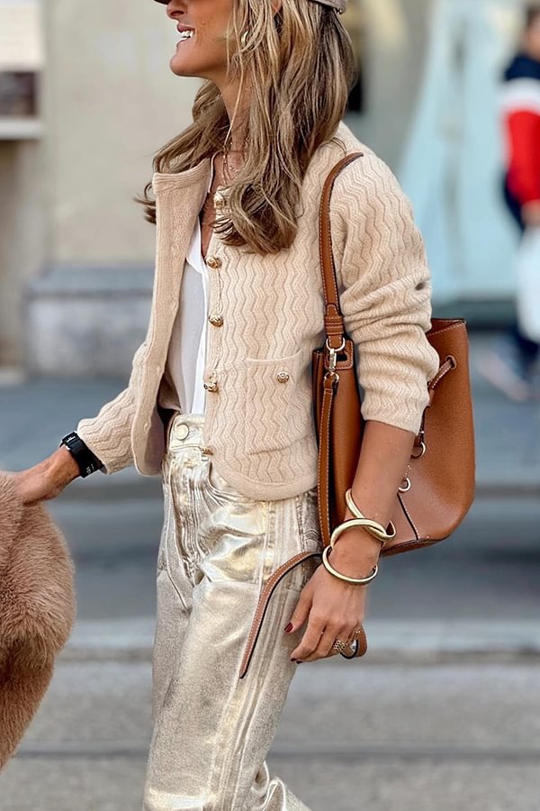 Color V-neck Long-sleeved Loose Pocket Knit Cardigan