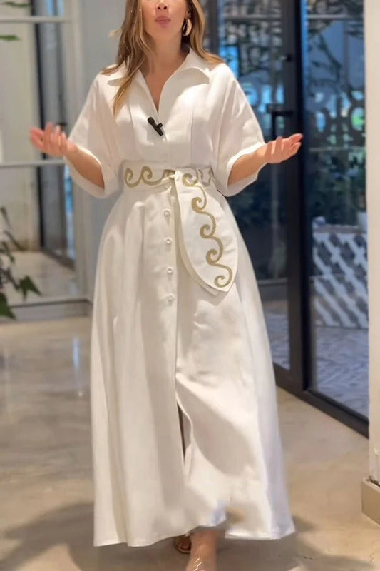Color Lapel Pocket Pattern Lace-up Loose Maxi Dress