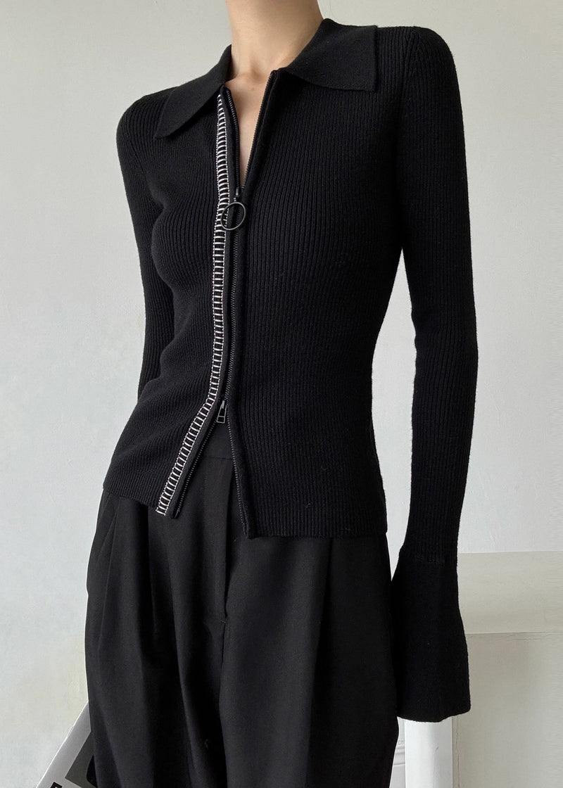 Italian Black Peter Pan Collar Zip Up Patchwork Woolen Sweaters Winter Rv028