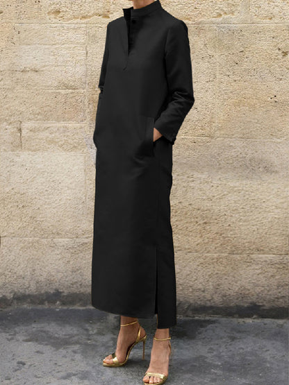 Long Sleeves Loose Color Split-side Stand Collar Midi Dresses