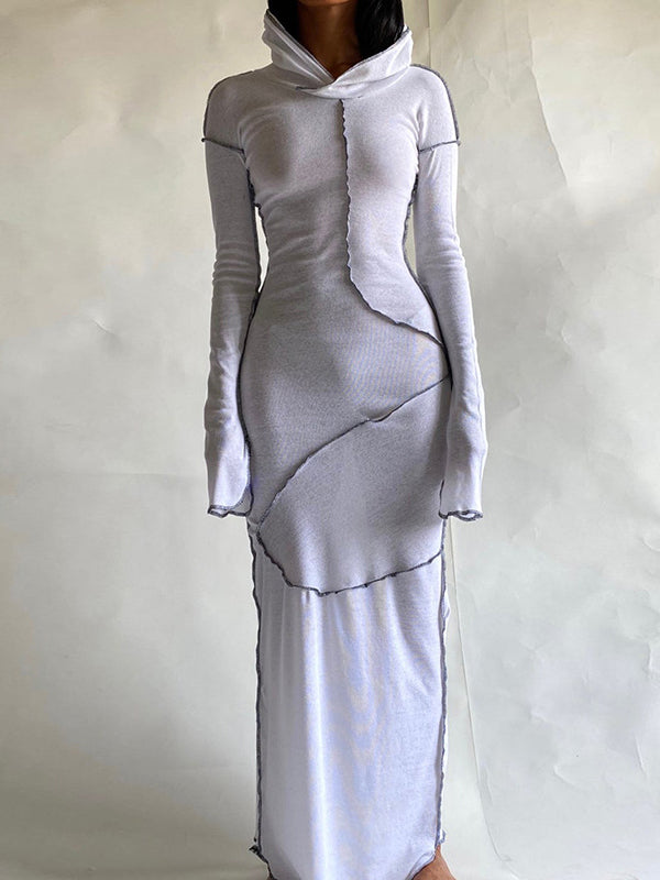 Long Sleeves Color Split-joint Hooded Maxi Dresses