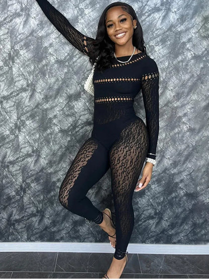 Long Sleeved Mesh Hollow Out Patch Jumpsuit Fall New Elastic Tight Fitting Female Street Club Clothing