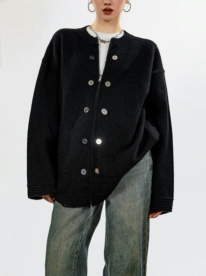 Ribbed Trim Oversized Button Zip Knit Cardigan