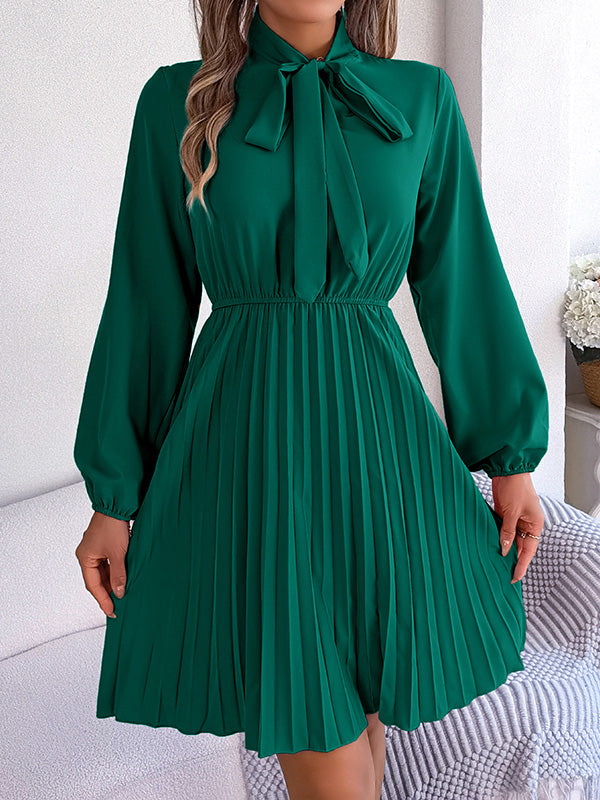 Long Sleeves Loose Pleated Color Tied Mock Neck Mini Dresses
