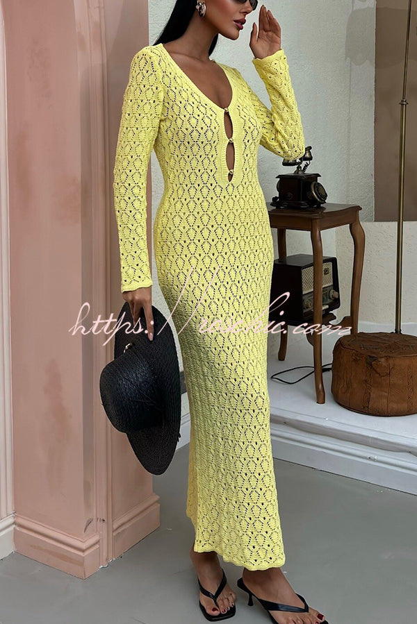 V-neck Long-sleeved Hollow Slim Maxi Dress