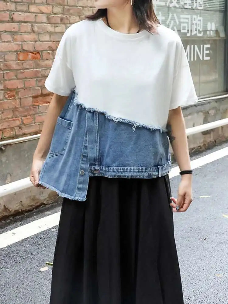 Denim Street Patchwork Sleeve White Short T-shirt O-neck Hem