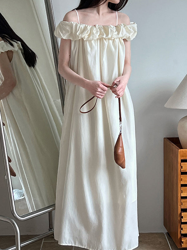 Loose Sleeveless Elasticity Pleated Color Split-joint Off-the-shoulder Maxi Dresses