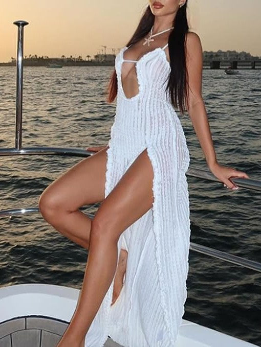 See Through Deep Neck High Slit Maxi Dress