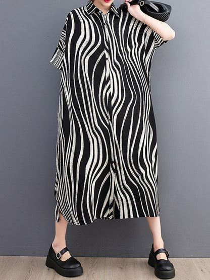 Raglan Sleeve Oversize Zebra-stripe Split-joint Lapel Midi Dresses Shirt Dress