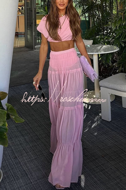 Chiffon Elastic Waist Layered A-line Maxi Skirt