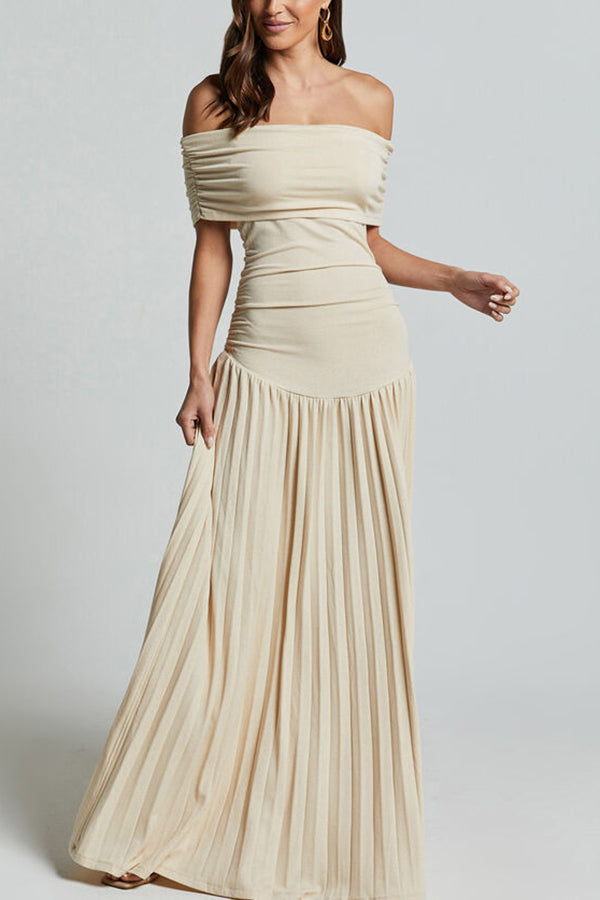 Off-shoulder Slim Fit Pleated Maxi Dress