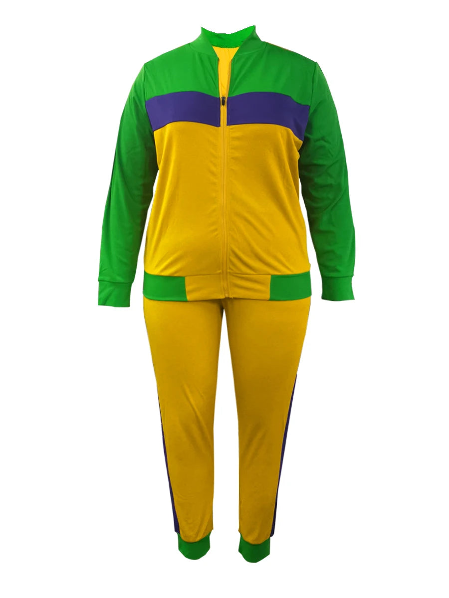 Zipper Design Patchwork Pants Set Color Block Mandarin Collar Tracksuits Long Sleeve Two Pieces Outfits