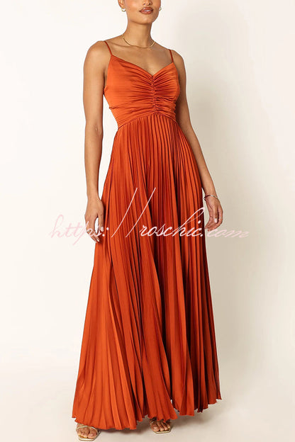 Catch the Light Satin Pleated V-neck Slip Maxi Dress