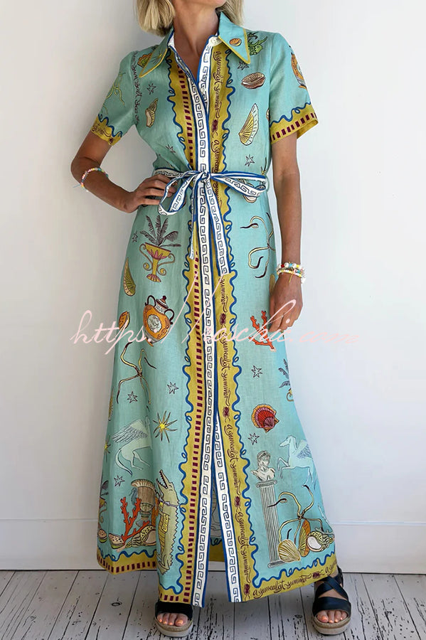 Deep Sea Dreaming Linen Blend Unique Print Short Sleeve Tie-up Shirt Maxi Dress