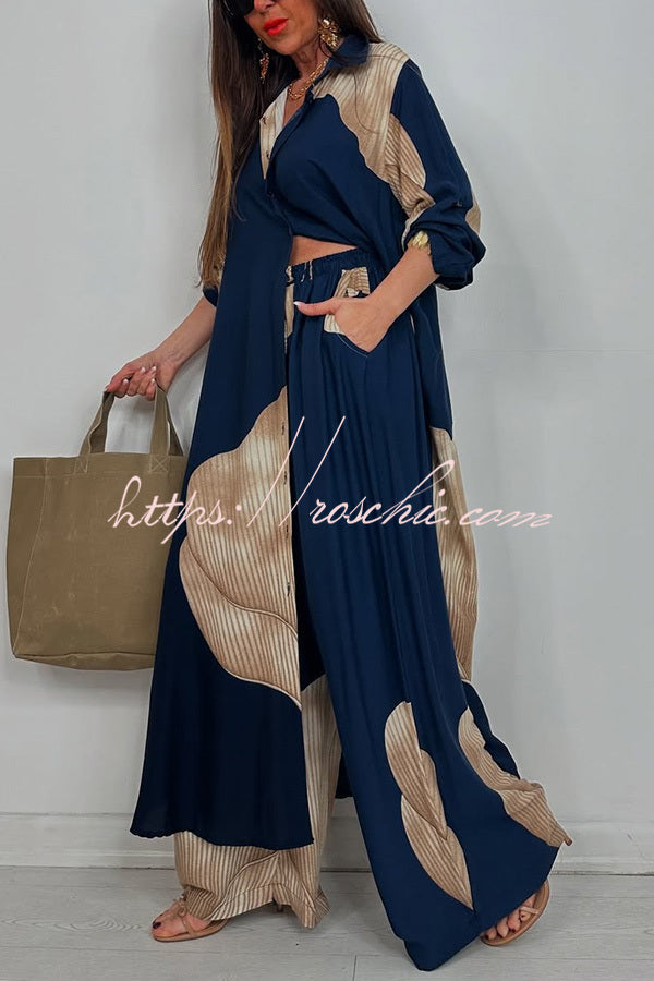 Unique Printed Loose Long Shirt and Elastic Waist Pocket Wide Leg Pants Set