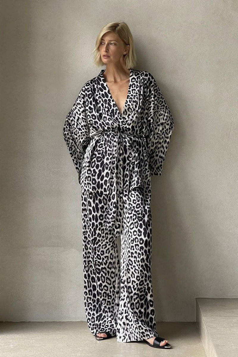 Printed Long-sleeve Shirt Belted Wide-leg Pants Two Piece Set