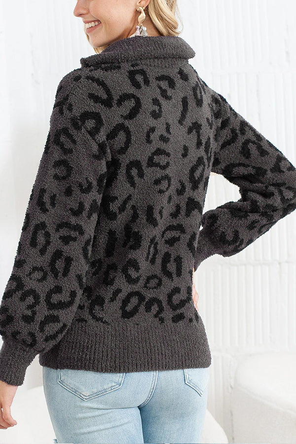 Animal Print Zipped Collared Sweater