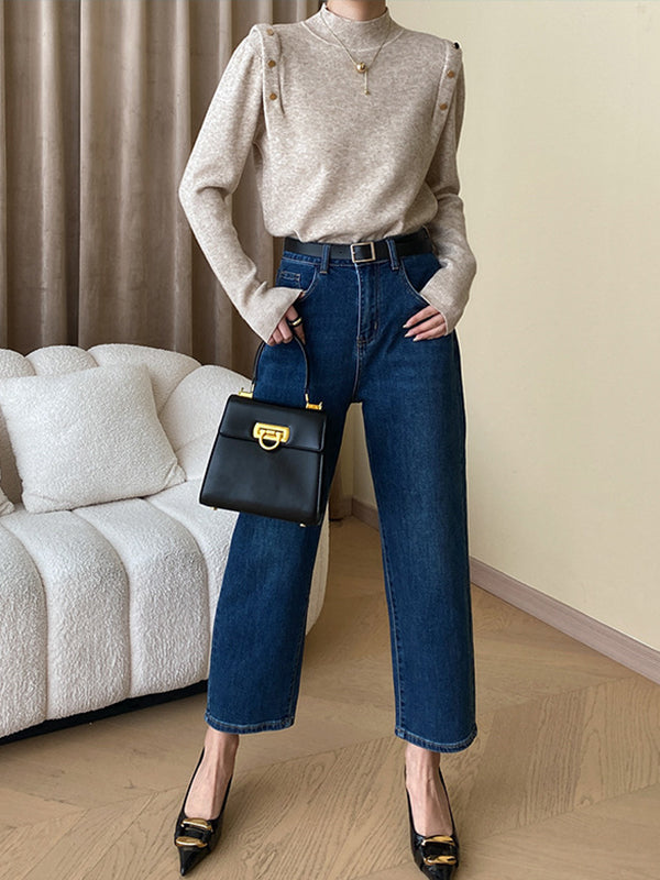 Grey High-neck Buttoned Decor Long Sleeve Knit Sweater An1050