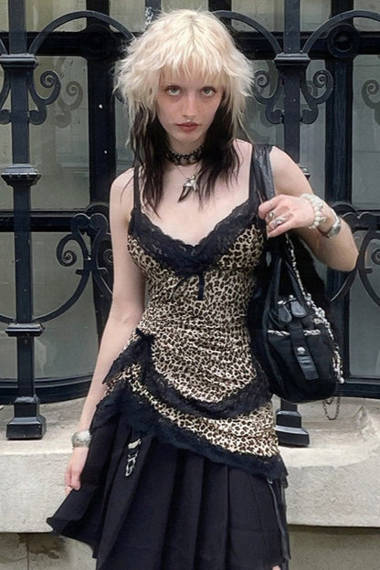 Asymmetrical Lace Leopard Print Blouse