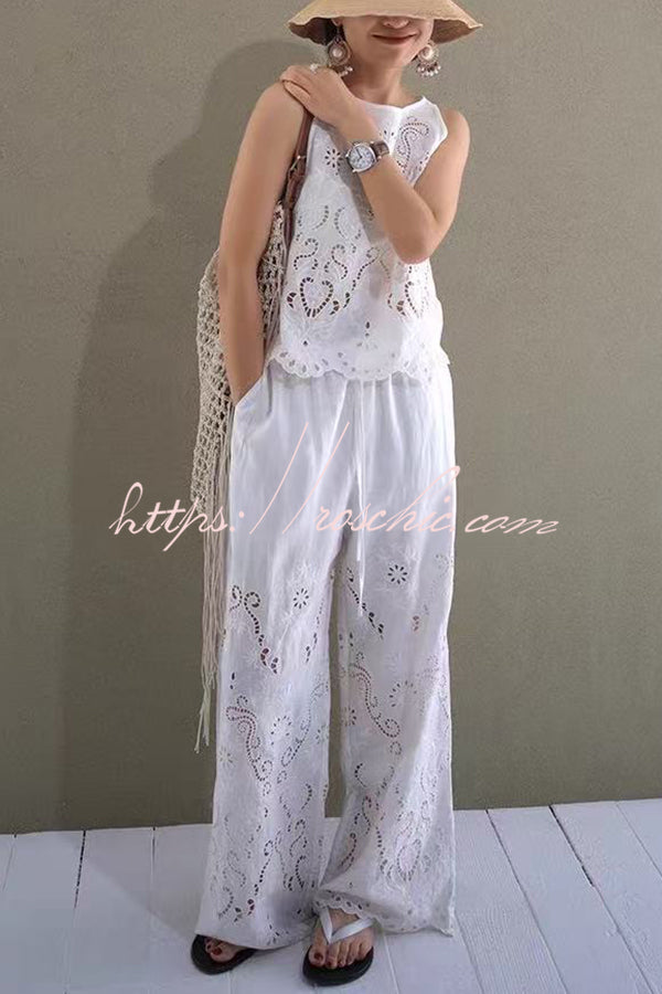Linen Blend Color Embroidered Hollow Loose Vest and Elastic Waist Pocket Wide Leg Pants Set