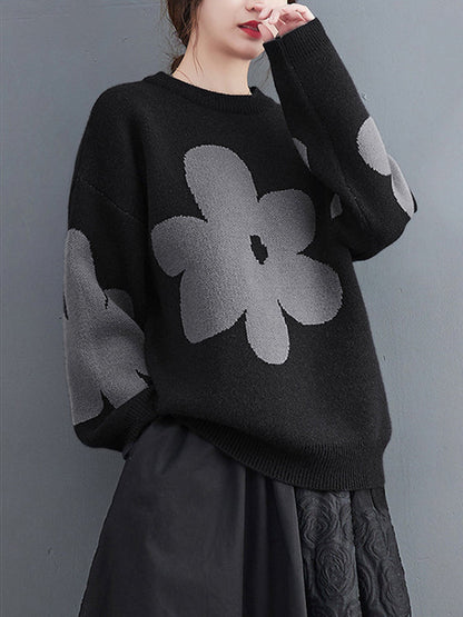 Loose Black Round-neck Contrast Color Flower Long Sleeve Sweater An1070