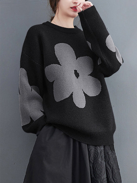 Loose Black Round-neck Contrast Color Flower Long Sleeve Sweater An1070