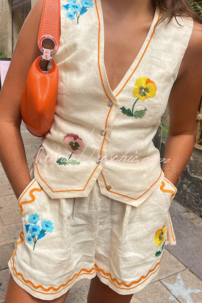 Summer Flower Printed Linen Blend Button Vest and Elastic Waist Pocketed Shorts Set
