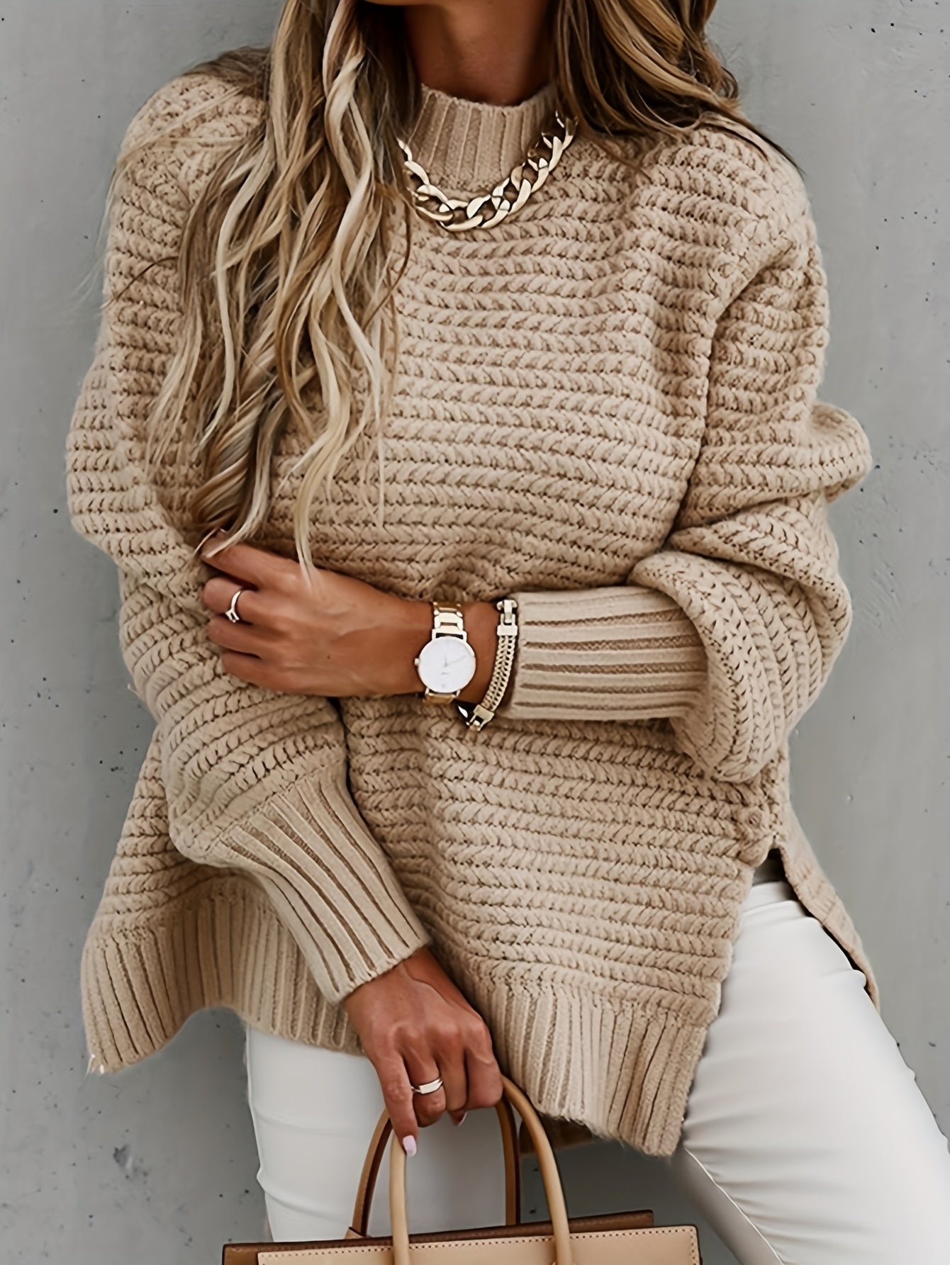 Mock Neck Chunky Knit Sweater Ey8521