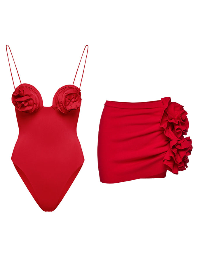 3d Flower One Piece Swimsuit and Skirt