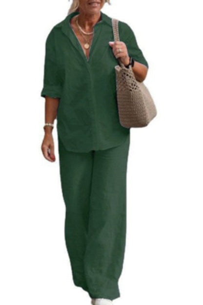 Color Long-sleeved Shirt and Elastic Waisted Loose Wide-leg Pants Set
