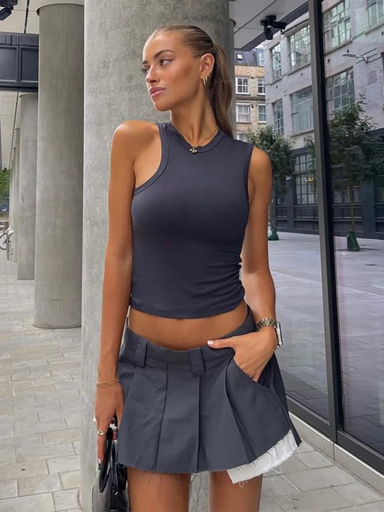 Y2k Skirts Cotton Low Waist Pleated Mini Skirts Summer Harajuku Pocket With Belts Micro Skirt