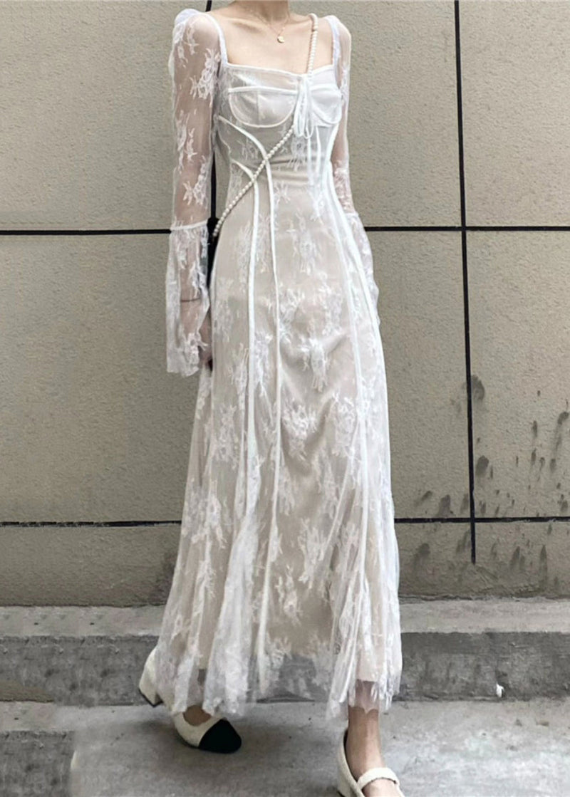 French Black Square Collar Patchwork Lace Long Dress Flare Sleeve Az1028