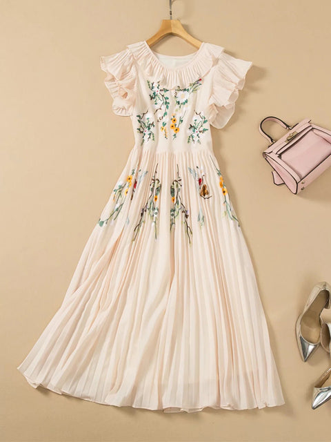 Palm Flying Ruffled Sleeve Pleated Hem Midi Dress