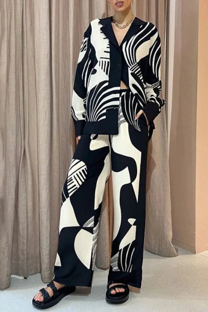 Black and White Printed Lapel Loose Two-piece Set