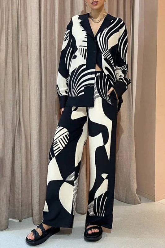 Black and White Printed Lapel Loose Two-piece Set