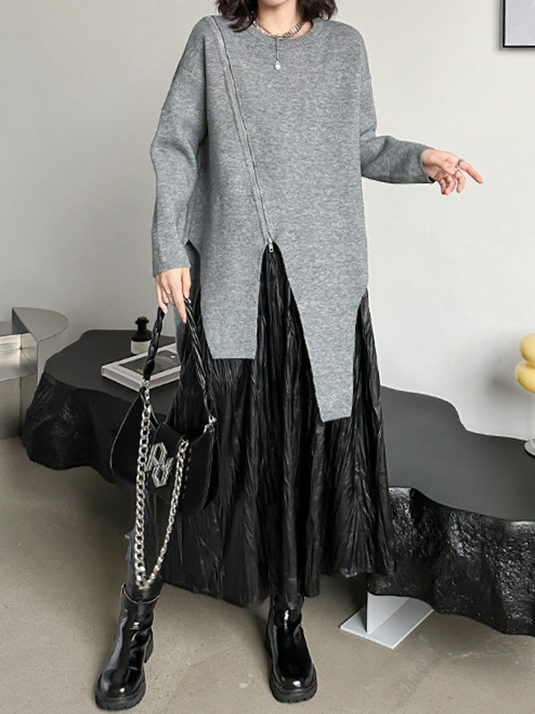 Street Grey Round-neck Zipper Decor Irregular High-low Hem Long Sleeve Sweater An1067