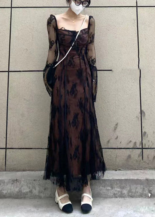 French Black Square Collar Patchwork Lace Long Dress Flare Sleeve Az1028