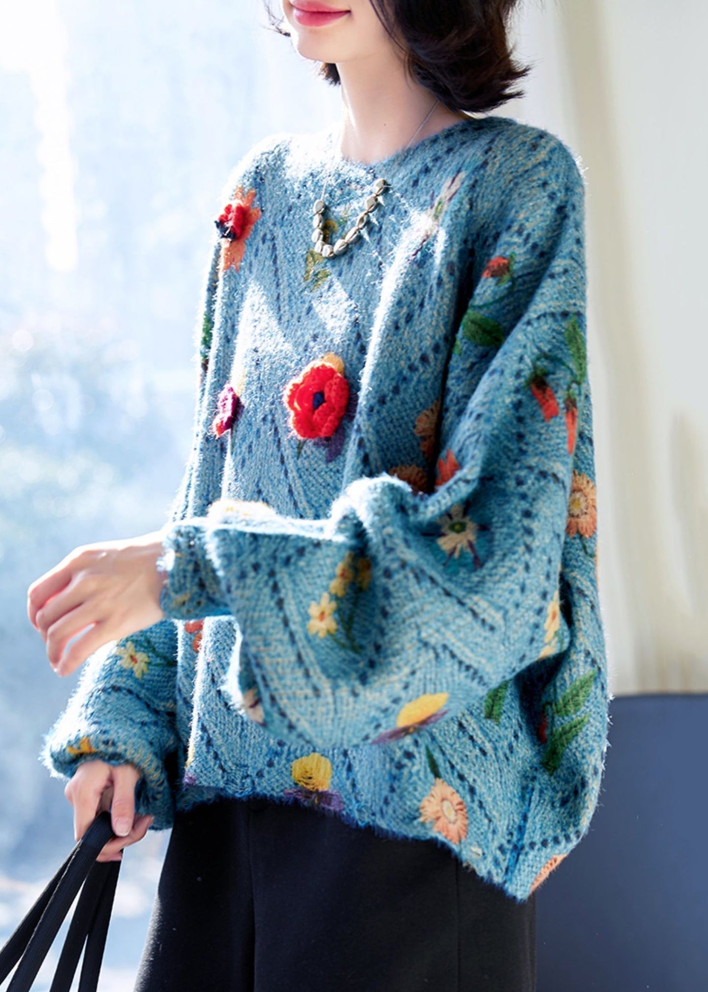 Blue O-neck Hollow Out Knit Sweaters Fall Qc032
